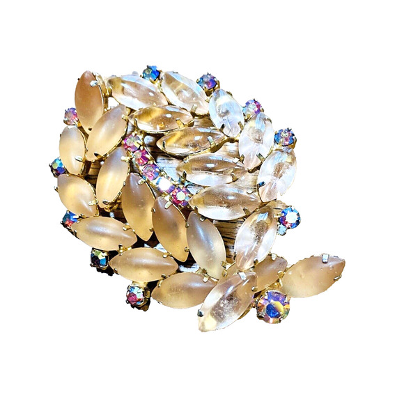 Vintage Mid Century Brooch Goldtone Blush Pink Moonglow AB Rhinestones Statement - Picture 5 of 9